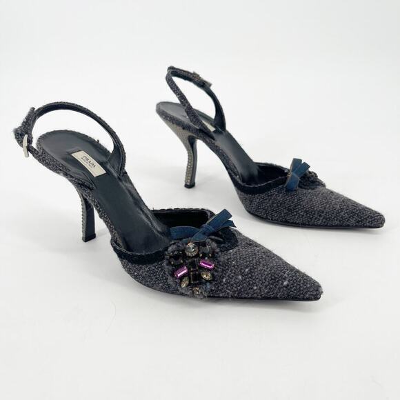 Prada Shoes - Vintage Prada Gray Tweed Crystal Bow Detail Slingback Pointed Toe Heels IT 38.5